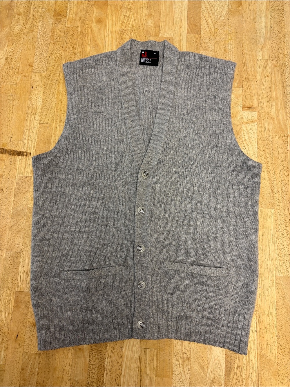 Vintage Robert Bruce Gray Wool Blend Button-Front Cardigan Vest Size M Pockets